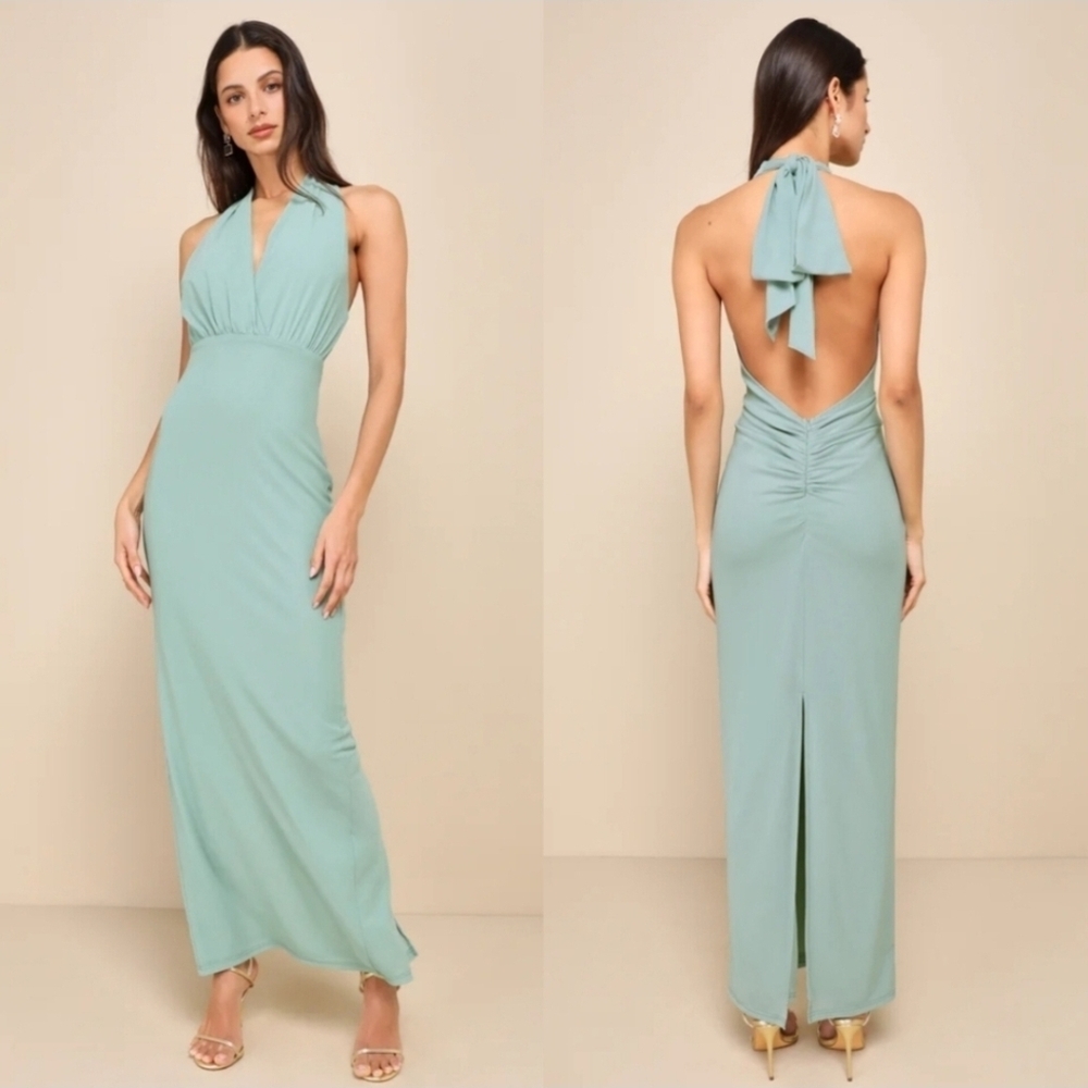 LULUS BACKLESS MESH HALTER RUCHED DRESS - SAGE GREEN